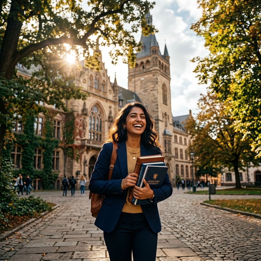 International student on a historic university campus